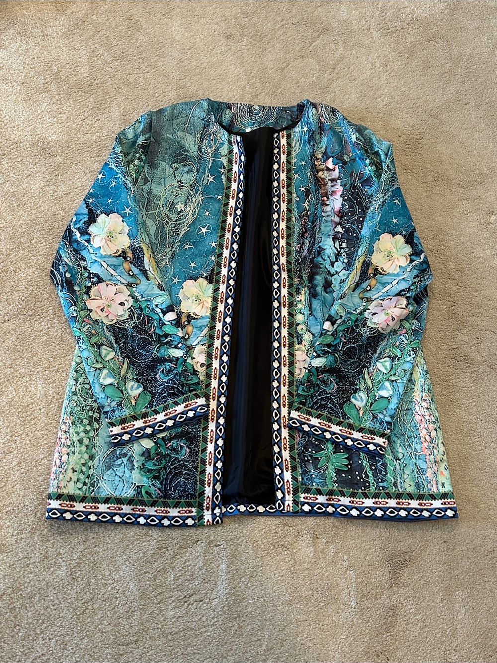 Teal Floral Embroidered Open-Front Jacket